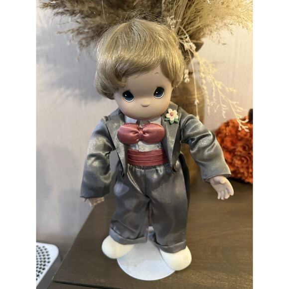 Vintage Precious Moments Groom Doll Boy in Gray Tuxedo with Pink Bow 12” W/Stand - Picture 2 of 6